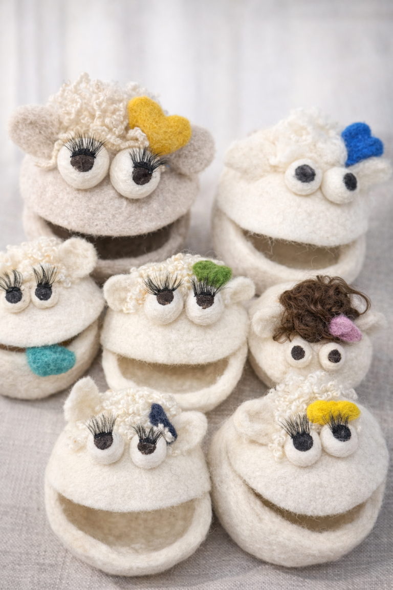 Eine Gruppe von neun liebevollen, weißen Stoffpuppen mit großen Augen und bunten Accessoires.